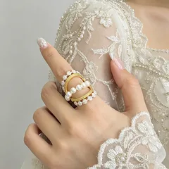Elegant Gold Lace Open Ring For Women In Zinc Alloy With Electroplated Finish And Imitation Pearl Inlay
