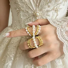 Elegant Gold Lace Open Ring For Women In Zinc Alloy With Electroplated Finish And Imitation Pearl Inlay 2