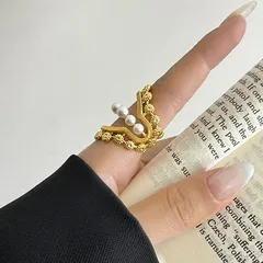 Elegant Gold Lace Open Ring For Women In Zinc Alloy With Electroplated Finish And Imitation Pearl Inlay 3
