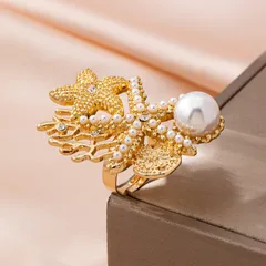 Elegant Gold Starfish Coral Shell Element Ring Stylish Retro Fashion Accessory For Women Luxury Zinc Alloy Jewelry 2