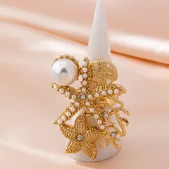 Elegant Gold Starfish Coral Shell Element Ring Stylish Retro Fashion Accessory For Women Luxury Zinc Alloy Jewelry 3