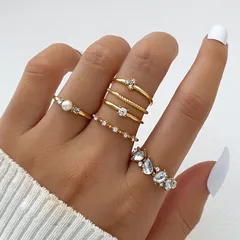 Elegant Open-Adjustable Zirconium Ring Set 6-Piece Women's Fashion Jewelry Metal Micro-Set Flashing Ring Geometric Pattern