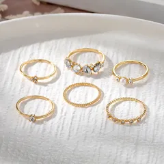 Elegant Open-Adjustable Zirconium Ring Set 6-Piece Women's Fashion Jewelry Metal Micro-Set Flashing Ring Geometric Pattern 2
