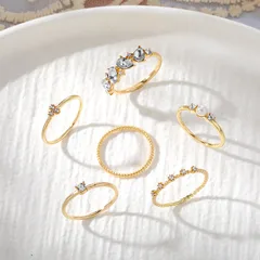 Elegant Open-Adjustable Zirconium Ring Set 6-Piece Women's Fashion Jewelry Metal Micro-Set Flashing Ring Geometric Pattern 3