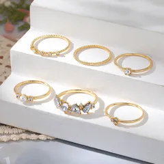 Elegant Open-Adjustable Zirconium Ring Set 6-Piece Women's Fashion Jewelry Metal Micro-Set Flashing Ring Geometric Pattern 4