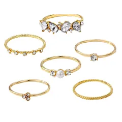 Elegant Open-Adjustable Zirconium Ring Set 6-Piece Women's Fashion Jewelry Metal Micro-Set Flashing Ring Geometric Pattern 5