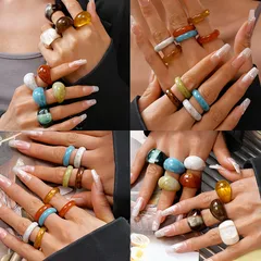 Elegant Resin Geometric Pattern Ring For Women Personality Design Polished Oval Shape  Style Fashion Jewelry