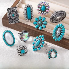 Ethnic Style Cattle Ring For Unisex Featuring Turquoise Inlay Made Of Alloy