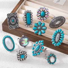 Ethnic Style Cattle Ring For Unisex Featuring Turquoise Inlay Made Of Alloy 4