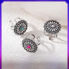 Ethnic Style Flowers Ring For Unisex Featuring Natural Pink Alloy With Turquoise Inlay And Electroplated Finish
