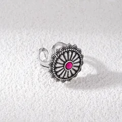Ethnic Style Flowers Ring For Unisex Featuring Natural Pink Alloy With Turquoise Inlay And Electroplated Finish 3