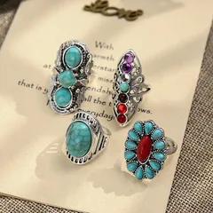 For Women 4 Pieces Turquoise Geometric Rings In Ethnic Style Featuring Alloy And Artificial Gemstones 5