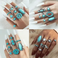 Exaggerated Leaf Ring Set For Women Featuring Electroplated Alloy With Turquoise Inlay