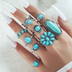 Exaggerated Leaf Ring Set For Women Featuring Electroplated Alloy With Turquoise Inlay 2