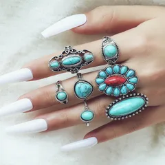 Exaggerated Leaf Ring Set For Women Featuring Electroplated Alloy With Turquoise Inlay 3