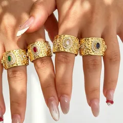 Exaggerated Oval Wide Band Ring For Unisex Featuring Zircon Inlay With Bezel Setting In 18K Real Gold Plated Colour