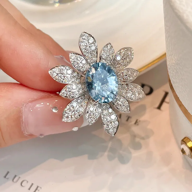 Copper Flowers Open Ring For Women With Zircon Inlay, Elegant Lady Style Jewelry 5