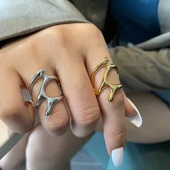 Fashion  Style Irregular Geometric Metal Texture Ring Women's Personality Street Shooting Hong Kong Style Open Joint Ring 2