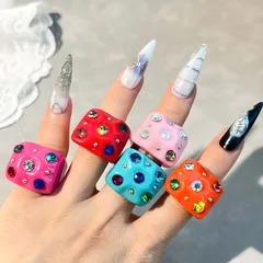 Fashionable Geometric Resin Ring Set With Diamonds Colorful Square Vintage Original Design Ring For Women Polished Finish