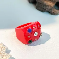 Fashionable Geometric Resin Ring Set With Diamonds Colorful Square Vintage Original Design Ring For Women Polished Finish 4