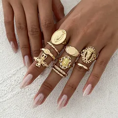 Fashionable Ins Diamond Embedded Crown Portrait Ring Set Vintage Cross Joint Ring Wave Ring Alloy Geometric Pattern Vacuum Plating