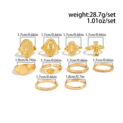 Fashionable Ins Diamond Embedded Crown Portrait Ring Set Vintage Cross Joint Ring Wave Ring Alloy Geometric Pattern Vacuum Plating 2