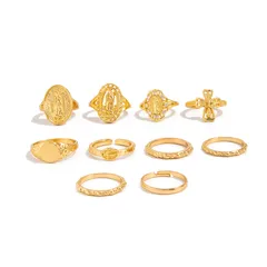 Fashionable Ins Diamond Embedded Crown Portrait Ring Set Vintage Cross Joint Ring Wave Ring Alloy Geometric Pattern Vacuum Plating 3