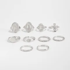 Fashionable Ins Diamond Embedded Crown Portrait Ring Set Vintage Cross Joint Ring Wave Ring Alloy Geometric Pattern Vacuum Plating 4