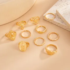 Fashionable Ins Diamond Embedded Crown Portrait Ring Set Vintage Cross Joint Ring Wave Ring Alloy Geometric Pattern Vacuum Plating 5