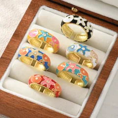 Fashionable Retro Colored Drip Oil Whale Ring Round Floral Pattern Chinese Style Women's Jewelry Accessory Versatile Live Mouth
