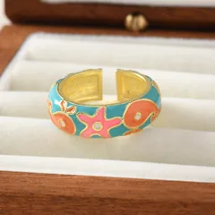 Fashionable Retro Colored Drip Oil Whale Ring Round Floral Pattern Chinese Style Women's Jewelry Accessory Versatile Live Mouth 2