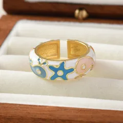Fashionable Retro Colored Drip Oil Whale Ring Round Floral Pattern Chinese Style Women's Jewelry Accessory Versatile Live Mouth 4
