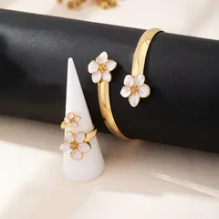 Fashionable  Style Metal Texture Flower Open Hand Bracelet Ring Jewelry Set Luxury Electroplating Craft 5