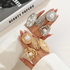 Fashion Women's Open Ring Imitation Pearl Metal Leaf Wrapped Geometric Pattern 14K Gold Plated Zinc Alloy Jewelry Accessories