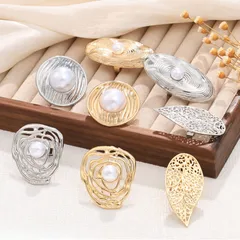 Fashion Women's Open Ring Imitation Pearl Metal Leaf Wrapped Geometric Pattern 14K Gold Plated Zinc Alloy Jewelry Accessories 2