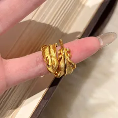Feather Pattern Brushed Copper Rings For Women With Electroplated Gold Plating, Perfect For Summer Wear 2