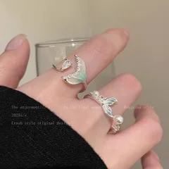 Sweet Fish Tail Open Rings For Women In Ombre Alloy With Zircon Inlay, Featuring Electroplated Finish
