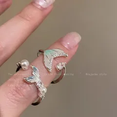 Sweet Fish Tail Open Rings For Women In Ombre Alloy With Zircon Inlay, Featuring Electroplated Finish 2