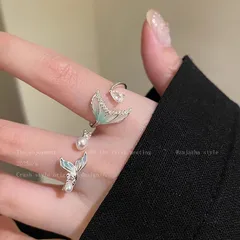Sweet Fish Tail Open Rings For Women In Ombre Alloy With Zircon Inlay, Featuring Electroplated Finish 4