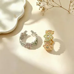 Flowers Open Rings For Women In Copper With Golden Plated PVD Coated Finish And Rhinestones Inlay