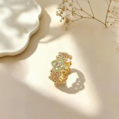 Flowers Open Rings For Women In Copper With Golden Plated PVD Coated Finish And Rhinestones Inlay 3