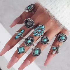 For Women Multicolor Cactus Open Rings Set With White K Plated Coating 0.03µm-0.05µm And Turquoise Inlay