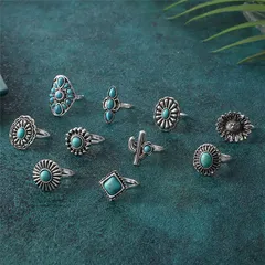 For Women Multicolor Cactus Open Rings Set With White K Plated Coating 0.03µm-0.05µm And Turquoise Inlay 2
