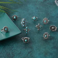For Women Multicolor Cactus Open Rings Set With White K Plated Coating 0.03µm-0.05µm And Turquoise Inlay 3