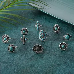 For Women Multicolor Cactus Open Rings Set With White K Plated Coating 0.03µm-0.05µm And Turquoise Inlay 4