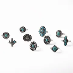 For Women Multicolor Cactus Open Rings Set With White K Plated Coating 0.03µm-0.05µm And Turquoise Inlay 5