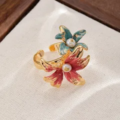 For Women Open Rings Featuring Flowers In Copper Alloy With 18K Real Gold Plated Coating 0.03µm-0.05µm And Freshwater Pearl Inlay