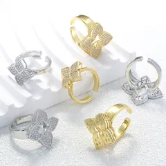 Four Leaf Clover Open Ring For Women In Copper With 18K Real Gold Plated Finish 0.03µm Featuring Zircon Inlay