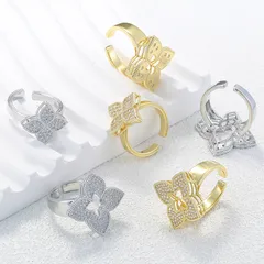 Four Leaf Clover Open Ring For Women In Copper With 18K Real Gold Plated Finish 0.03µm Featuring Zircon Inlay 2