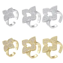 Four Leaf Clover Open Ring For Women In Copper With 18K Real Gold Plated Finish 0.03µm Featuring Zircon Inlay 3
